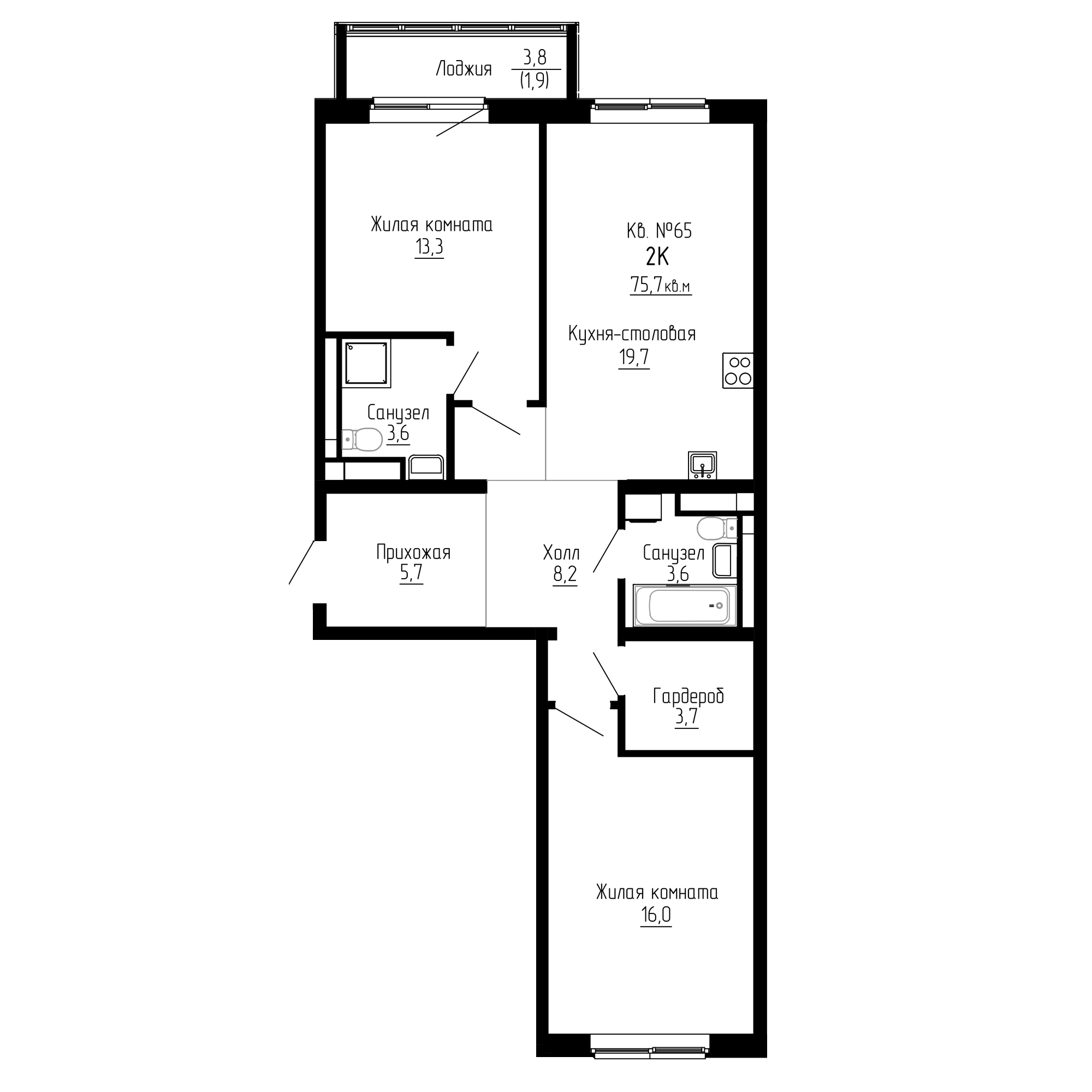 ЖК ДНС Сити (DNS Сити), 2-комн кв 75,7 м2, за 12 263 400 ₽, 3 этаж